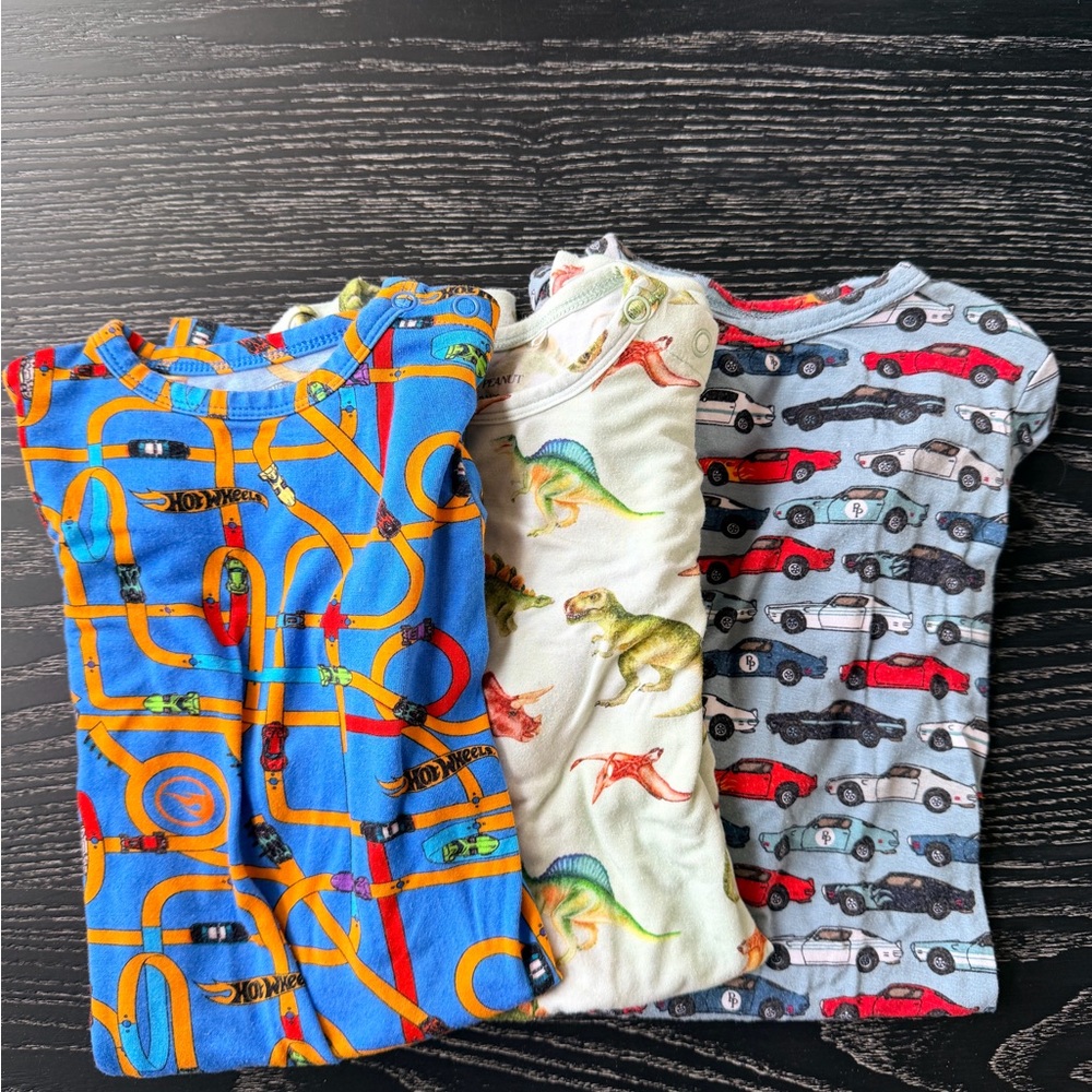 Posh Peanut Baby Boy Sleepers Pack - Blue Hot Wheels, Green Dinosaur, Gray Cars